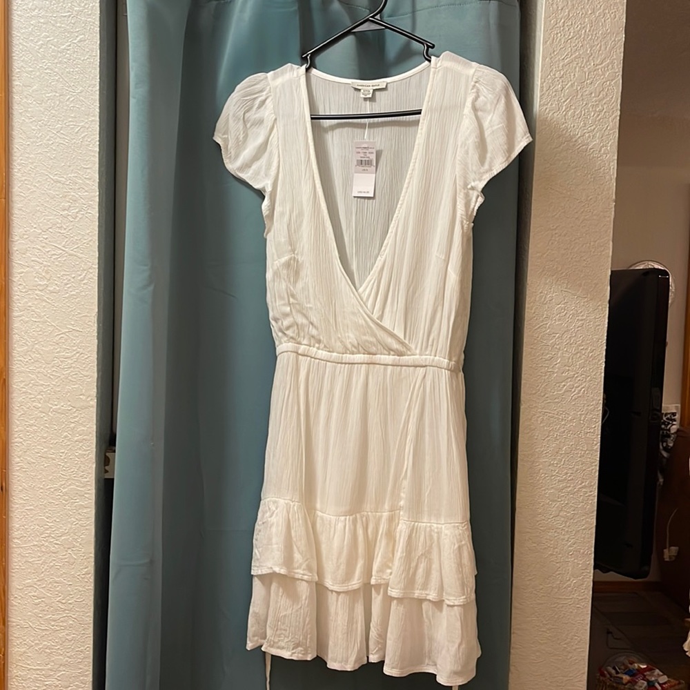 american eagle white mini dress with ruffles
